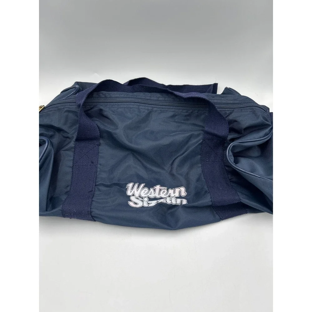 Vintage Western Sizzlin Steakhouse Navy Blue Nylon Duffel Bag Retro 80s Travel